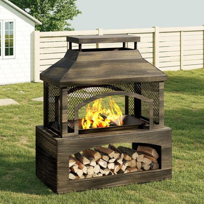 Bestier Outdoor Chiminea Fireplace with Log Storage